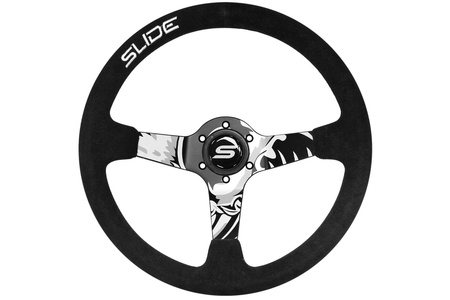 SLIDE steering wheel 350 mm suede black - white hydrographic - sport, 90 mm offset 